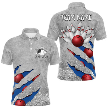Maxcorners Custom Grunge Scratch Bowling Shirts For Men, Bowling League Team Jersey Polo & 1/4 Zip | Blue LM2306