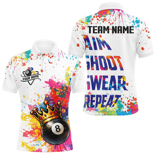 Maxcorners Colorful 8 Ball Crown Aim Shoot Swear Repeat Billiard Shirt For Men Custom Pool Team Jersey|White