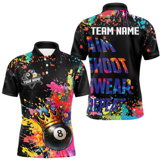 Maxcorners Colorful 8 Ball Crown Aim Shoot Swear Repeat Billiard Shirt For Men Custom Pool Team Jersey|Black