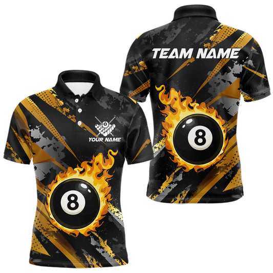 Maxcorners Gold Black Grunge Flame 8 Ball Billiard Shirts For Men Custom Pool Team Jersey Polo & 1/4 Zip LM2405