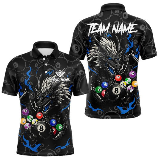 Maxcorners Personalized 8 Ball Dragon Billiard Shirt For Men, Billiard Team Jersey Polo & 1/4 Zip |Blue LM0404