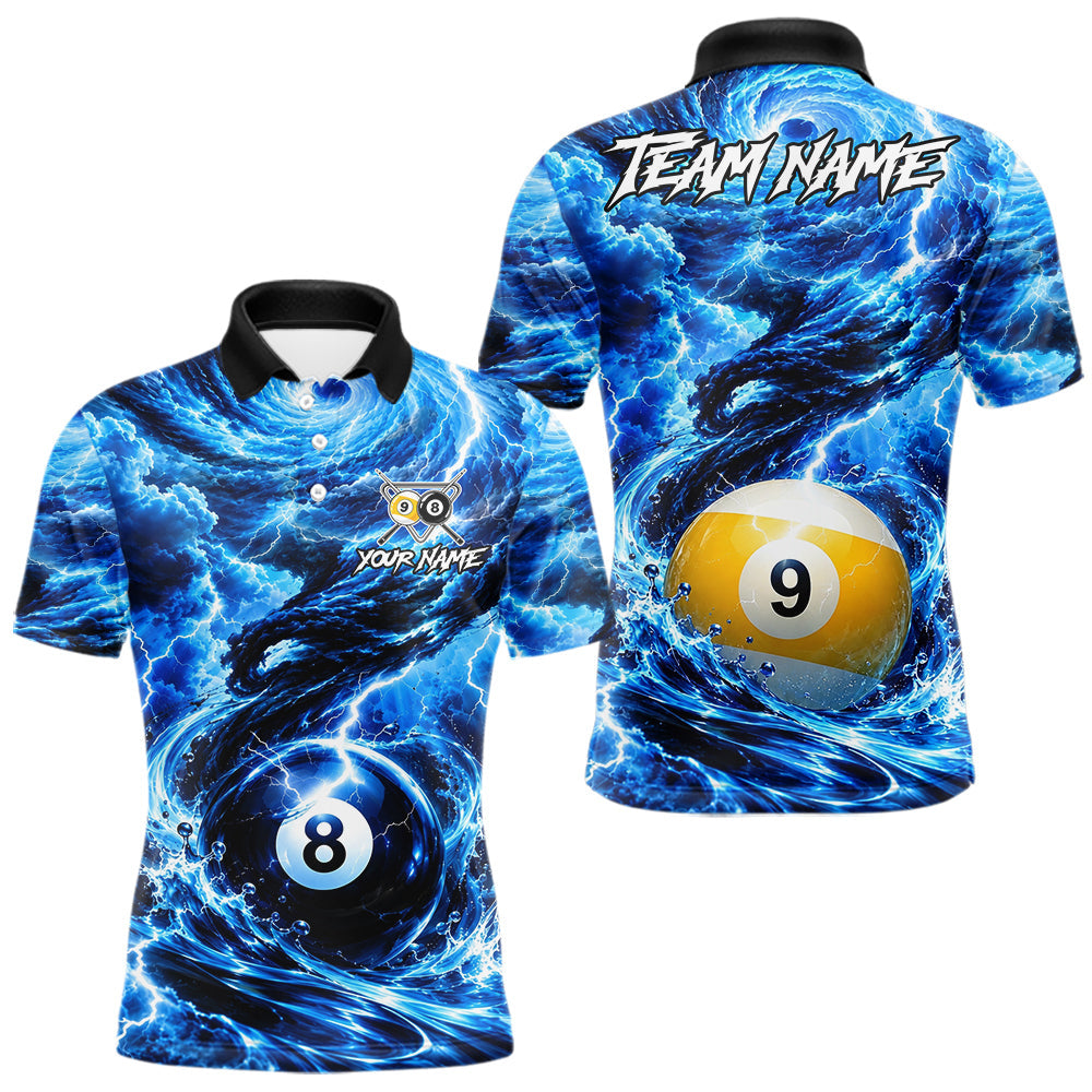Maxcorners Blue 8 Ball & 9 Ball Storm Thunder Lightning Billiard Shirts for Men Custom Pool Team Jersey