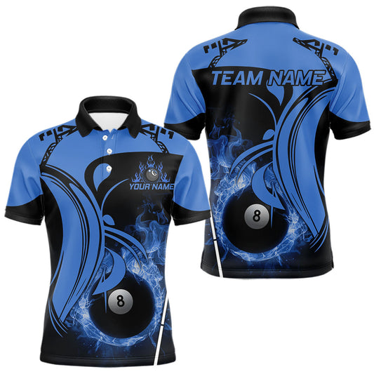Maxcorners Personalized Blue 8 Ball Fire Flame Billiard Shirt For Men, Pool Team Jersey Polo & 1/4 Zip LM2602