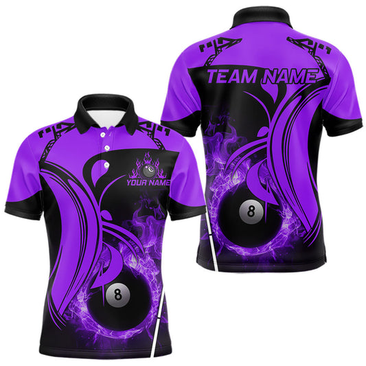 Maxcorners Personalized Purple 8 Ball Fire Flame Billiard Shirt For Men, Pool Team Jersey Polo & 1/4 Zip LM2602