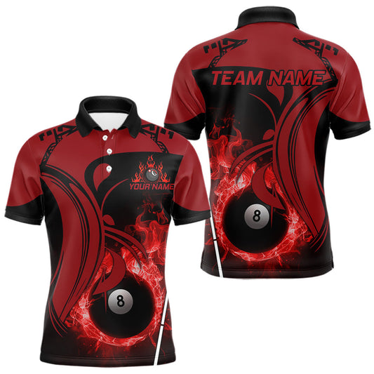 Maxcorners Personalized Red 8 Ball Fire Flame Billiard Shirt For Men, Pool Team Jersey Polo & 1/4 Zip LM2602