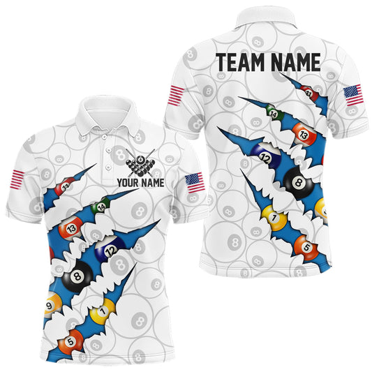 Maxcorners Custom Blue 8 Ball Pool Scratch Billiard Shirt For Men, White Billiard Team Jersey Polo & 1/4 Zip LM2704