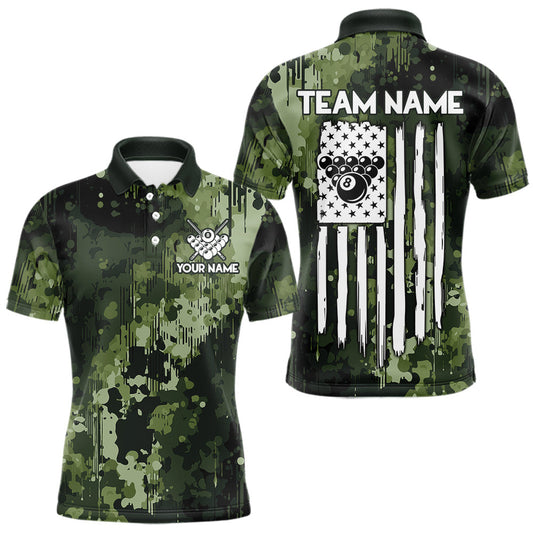 Maxcorners Custom Green Camo American Flag Billiard Shirts For Men, 8 Ball Pool Team Jersey Polo & Quarter Zip
