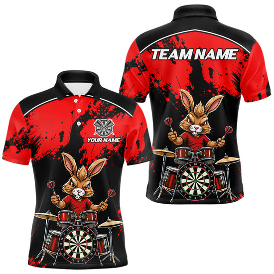 Maxcorners Black And Red Funny Rabbit Drummer Darts Shirts For Men Custom Darts Team Jersey, Darts Gifts
