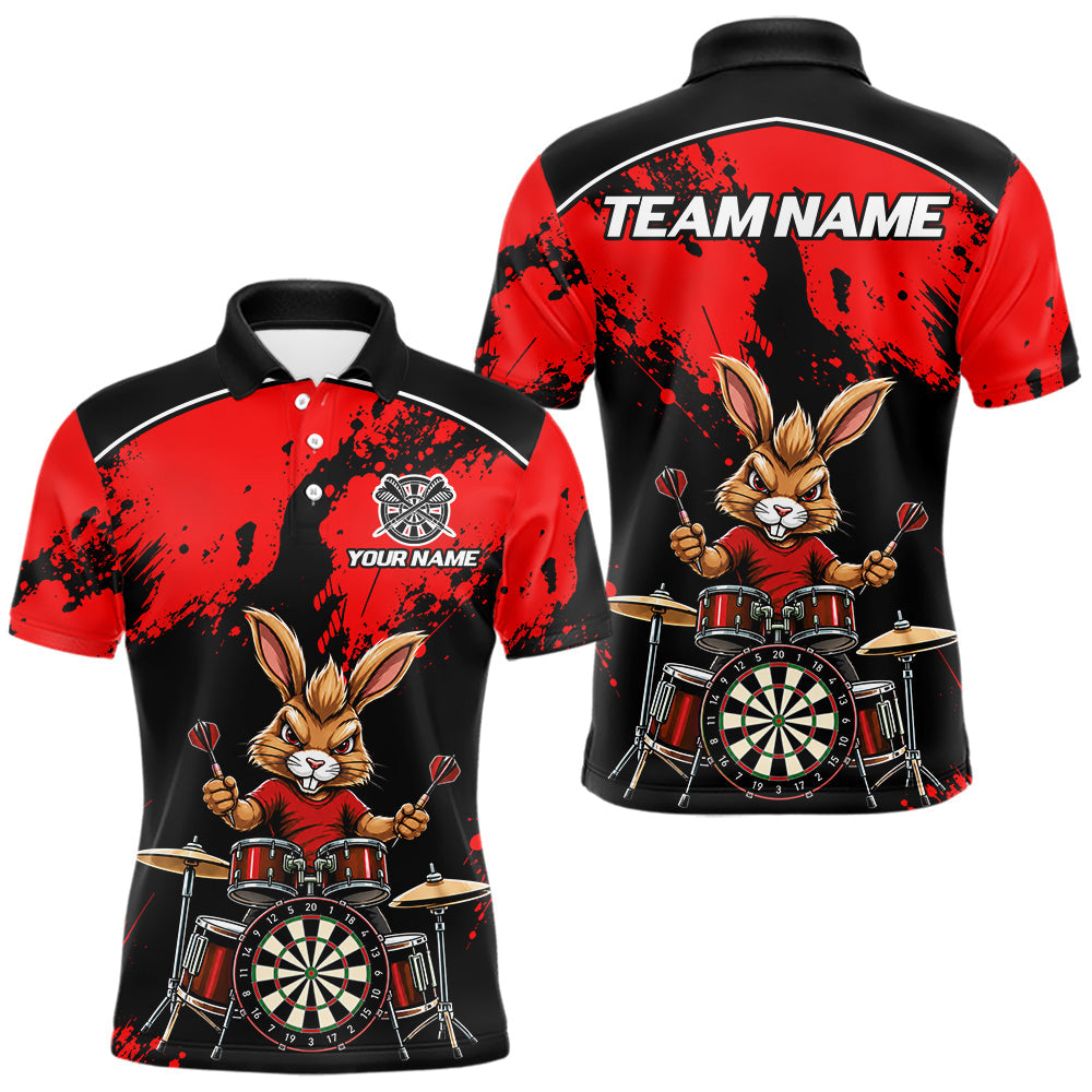 Maxcorners Black And Red Funny Rabbit Drummer Darts Shirts For Men Custom Darts Team Jersey, Darts Gifts