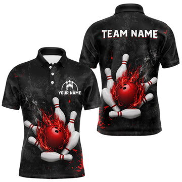 Maxcorners Black And Red Grunge Fire Bowling Shirts For Men Custom Bowling Jersey Team Polo & 1/4 Zip Uniform LM2806