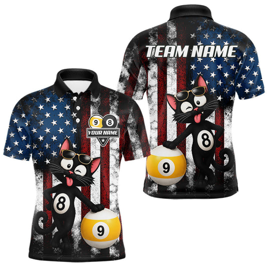 Maxcorners Funny Cat 8 Ball & 9 Ball American Flag Billiard Jersey For Men Custom Pool Shirt Polo & 1/4 Zip