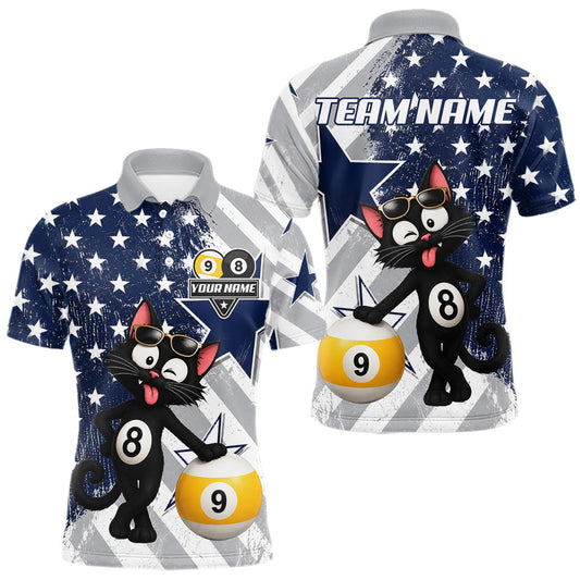 Maxcorners Funny Cat 8 Ball & 9 Ball US Flag Billiard Jersey For Men Custom Pool Team Shirt Polo & 1/4 Zip