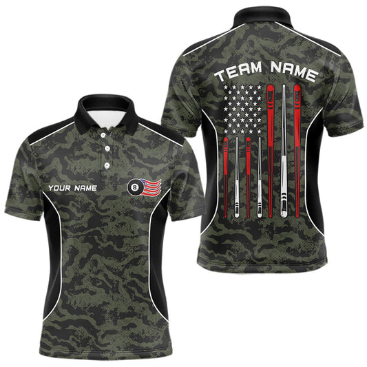 Maxcorners Custom Forest Camo 8 Ball Billiard Shirt For Men, Patriotic US Flag Pool Jersey Polo & 1/4 Zip