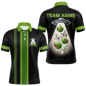 Maxcorners Black And Green Funny Drunk Alien Bowling Shirts For Men Custom Retro Bowling Team Jersey LM0410
