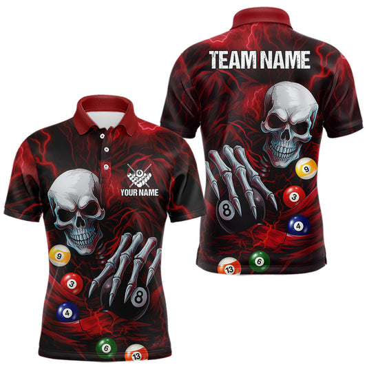 Maxcorners Personalized Red Funny Skeleton Pool Balls Billiard Shirt For Men, Skull Billiard Team Jerseys LM2711