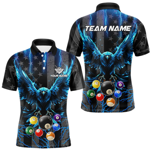 Maxcorners American Flag Eagle Billiard Shirts Custom Blue Lightning 8 Ball Pool Jersey Polo & 1/4 Zip For Men