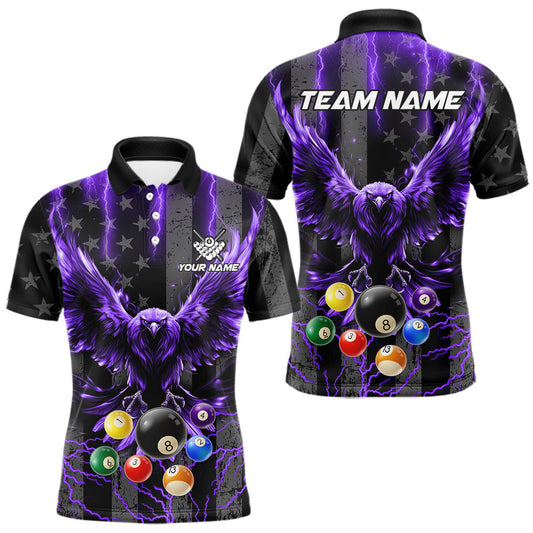 Maxcorners American Flag Eagle Billiard Shirts Custom Purple Lightning 8 Ball Pool Billiard Jersey For Men