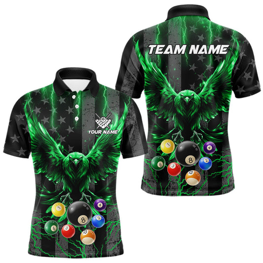 Maxcorners American Flag Eagle Billiard Shirts Custom Green Lightning 8 Ball Pool Billiard Jersey For Men
