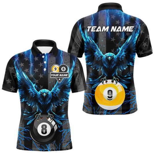 Maxcorners Eagle 8 Ball 9 Ball American Flag Billiard Shirts Custom Blue Lightning Pool Team Jersey For Men