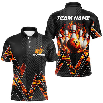 Maxcorners Personalized Fire Flame Bowling Jersey For Men Custom Bowling Team Shirt Polo & 1/4 Zip |Orange LM1705
