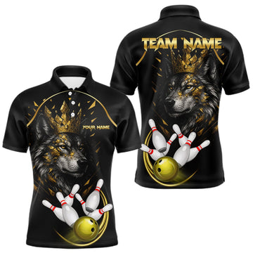 Maxcorners Black And Gold Custom Wolf Bowling Polo, Quarter Zip Shirts For Men, Bowling League Team Jersey LM0409