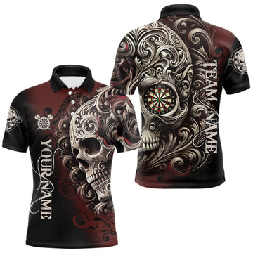 Maxcorners Personalized Skull Red Darts Shirts For Men Custom Darts League Team Jersey Polo & Quarter Zip LM0410