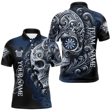 Maxcorners Personalized Skull Blue Darts Shirts For Men Custom Darts League Team Jersey Polo & Quarter Zip LM0410
