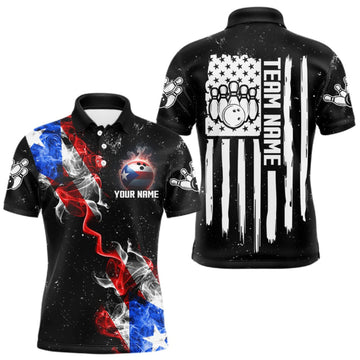 Maxcorners Personalized Smoke Puerto Rico US Flag Bowling Shirt For Men Custom Patriotic Bowling Team Jersey LM0409