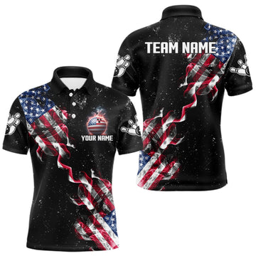 Maxcorners Personalized American Flag Smoke Bowling Shirt For Men Custom Patriotic Bowling Team Jersey LM0409
