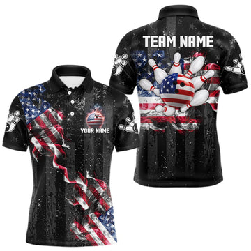 Maxcorners Custom US Flag Smoke Bowling Shirts For Men, Patriotic Bowling League Team Jersey Polo & 1/4 Zip LM0409