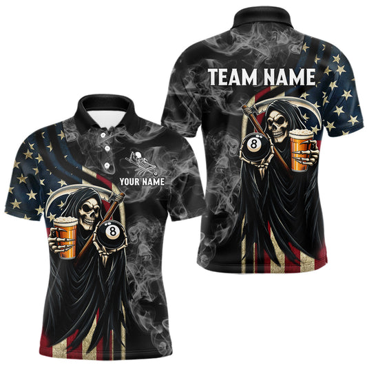 Maxcorners US Flag Grim Reaper Smoke Billiard Shirt For Men Custom 8 Ball Pool Team Jersey Polo & 1/4 Zip