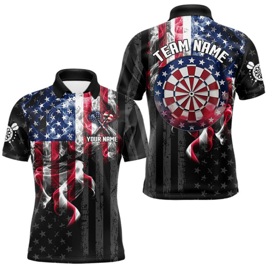 Maxcorners Custom American Flag Smoke Darts Shirt For Men, Patriotic Darts Team Jersey Polo & Quarter Zip LM0510