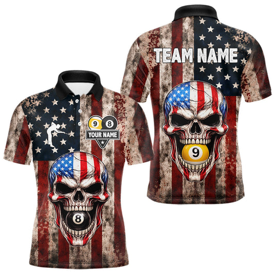 Maxcorners Vintage American Flag Skull 8 Ball 9 Ball Billiard Shirt For Men Custom Patriotic Pool Team Jersey LM0101