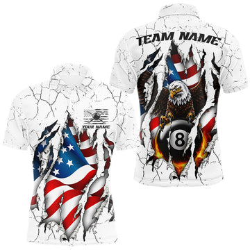 Maxcorners Custom US Flag Eagle Fire 8 Ball Billiard Jersey For Men, White Grunge Patriotic Pool Team Shirt