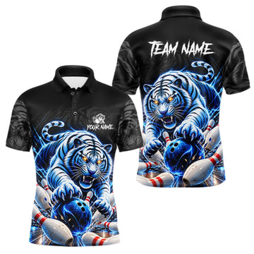 Maxcorners Personalized Blue Neon Tiger Bowling Jersey For Men Custom Bowling League Team Shirt Polo, 1/4 Zip LM0510