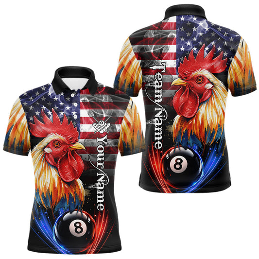 Maxcorners American Flag Smoke Rooster Billiard Shirt For Men Custom 8 Ball Pool Team Jersey Polo & 1/4 Zip LM0402