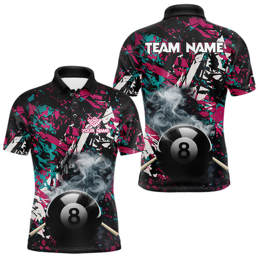 Maxcorners Custom Pink And Teal Camo 8 Ball Smoke Billiard Shirt For Men, Pool Team Jersey Polo & 1/4 Zip LM0503