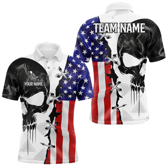 Maxcorners American Flag Smoke Skull Billiard Shirt For Men Custom 8 Ball Pool Team Jersey Polo & 1/4 Zip LM0404