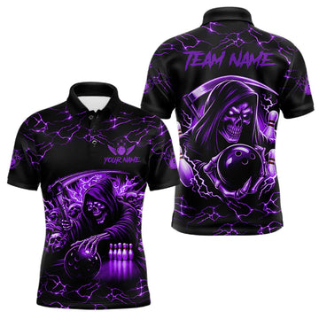 Maxcorners Custom Purple Grim Reaper Lightning Bowling Shirt For Men, Skull Bowling Jersey Team Polo & 1/4 Zip LM0607