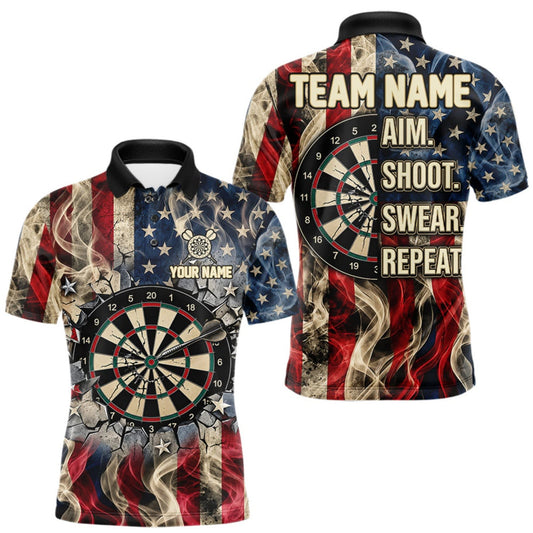 Maxcorners Vintage American Flag Aim Shoot Swear Repeat Darts Shirt For Men Custom Patriotic Darts Jersey LM0510