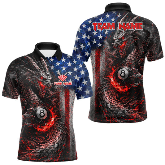 Maxcorners American Flag Dragon 8 Ball Fire Billiard Shirt For Men Custom Pool Team Jersey Polo, 1/4 Zip LM0503