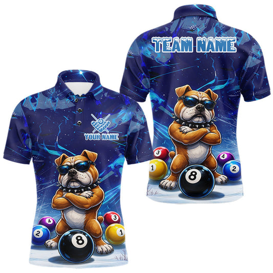 Maxcorners Funny Bulldog Pool Balls Billiard Shirt For Men Custom Billiard Team Jersey Polo & 1/4 Zip |Blue LM0503