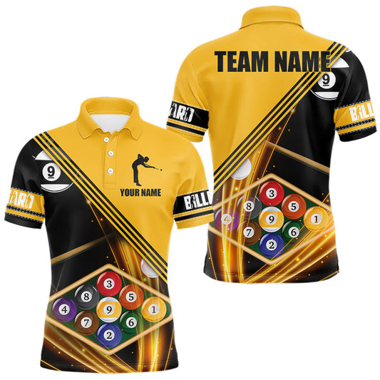 Maxcorners Personalized Yellow Black 9 Ball Pool Billiard Shirt For Men, Billiard Team Jersey Polo & 1/4 Zip