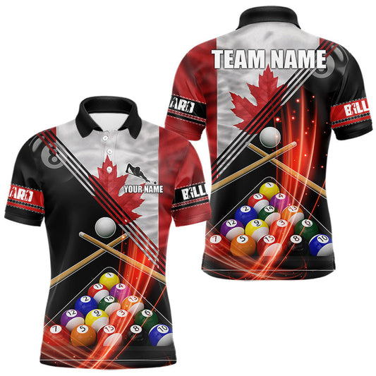 Maxcorners Canada Flag Custom Billiard Polo & 1/4 Zip Shirt For Men, Patriotic 8 Ball Pool Team Jersey LM0503
