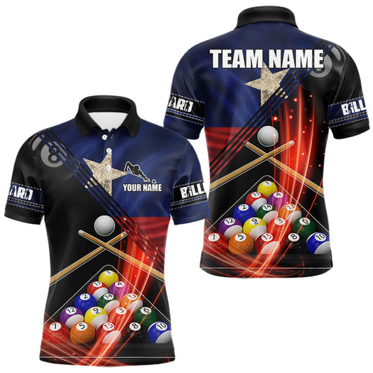 Maxcorners Texas Flag Custom Billiard Polo & 1/4 Zip Shirt For Men, Patriotic 8 Ball Pool Team Jersey LM0503