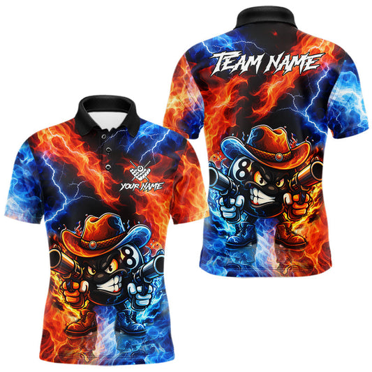 Maxcorners Blue And Orange Funny 8 Ball Flame Billiard Shirt For Men, Pool Team Jersey Polo & 1/4 Zip LM0503