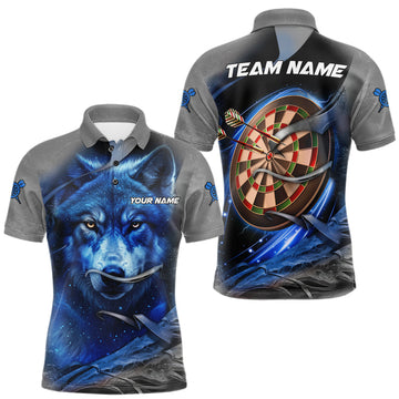 Maxcorners Personalized Wolf Lightning Darts Shirt For Men, Darts Team Jersey Polo & 1/4 Zip |Blue LM1705