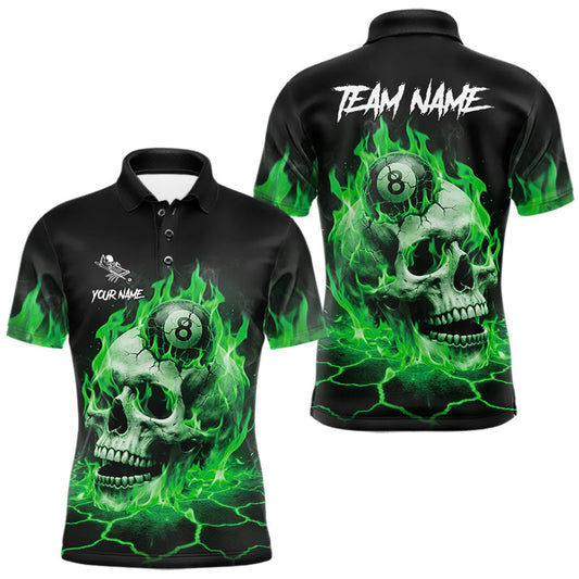 Maxcorners Green Flaming Skull 8 Ball Billiard Shirt For Men Custom Pool Team Jersey Polo & Quarter Zip LM0706