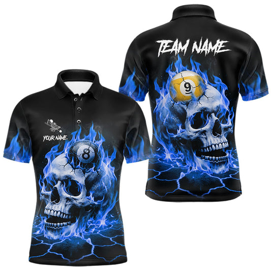Maxcorners Blue Flaming Skull Billiard 8 Ball & 9 Ball Pool Shirts For Men Custom Billiard Team Jersey LM0706