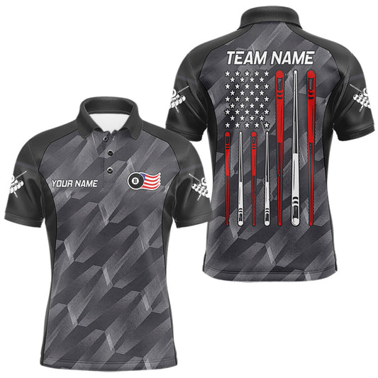 Maxcorners Personalized Metal Grey US Flag 8 Ball Billiard Shirt For Men Patriotic Pool Jersey Polo & 1/4 Zip LM0706